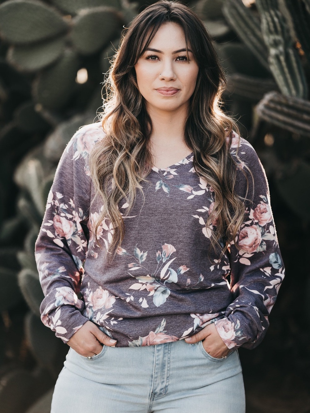 Purple Floral V-Neck Pullover Soft Long Sleeve Top